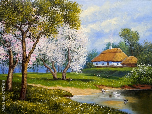 Fine art. Oil paintings rural landscape, old village, house in the village.