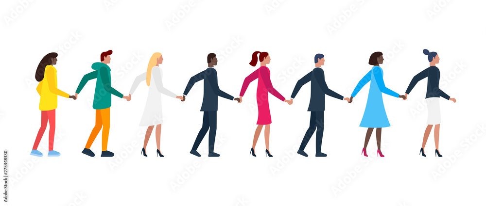 Queue of different men and women holding hands. Flat white and color male and female friendship cartoon characters standing in row together. Vector illustration