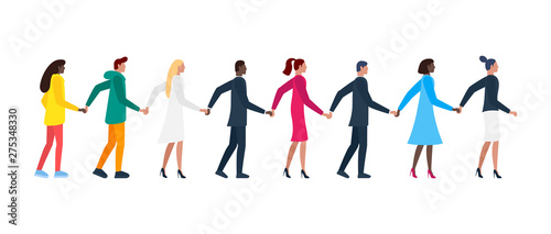 Queue of different men and women holding hands. Flat white and color male and female friendship cartoon characters standing in row together. Vector illustration
