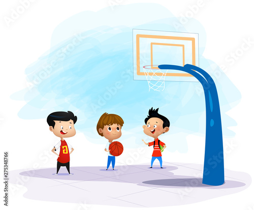Vector illustration of three children playing baskeball