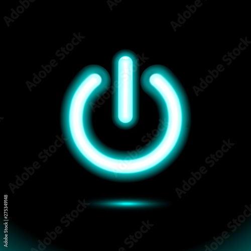 Blue Neon lamp, sign, button light, On-Off switch, icon. Start, power symbol for design on black background. Modern fluorescent object. Dark ad, vector luminescent illumination, illustration Ui.