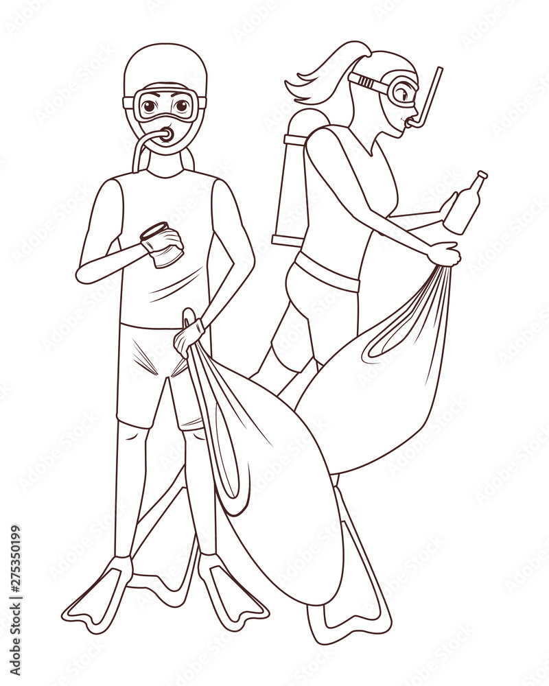 Fototapeta premium scuba diving avatar cartoon character in black and white