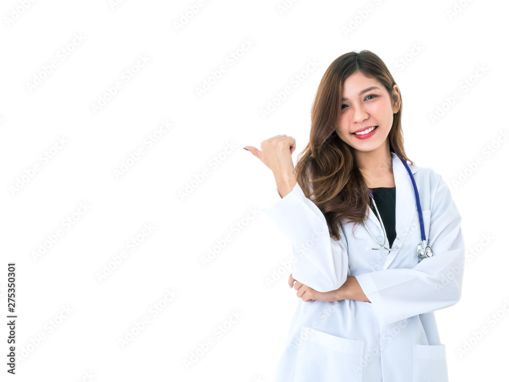 Asian good doctor woman smiling, crossed arm and thumbs up with copy space for insurance portrait on white isolated background Asian good doctor woman smiling, crossed arm and thumbs up with copy space for insurance portrait on white isolated background