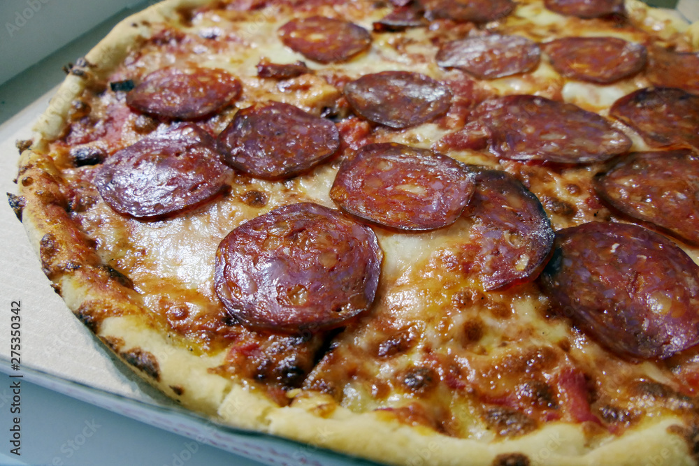 Close View of a Traditional Italian Pizza with Salami Close View of a Traditional Italian Pizza with Salami