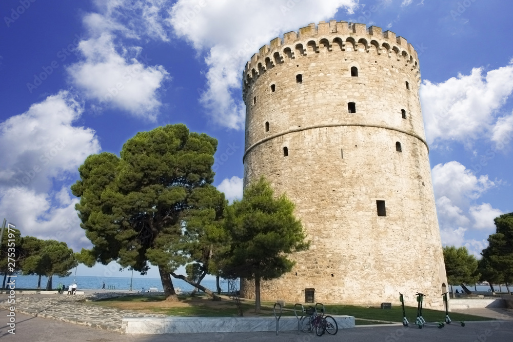 The White Tower of Thessaloniki, famous monument and museum on the waterfront of the city 