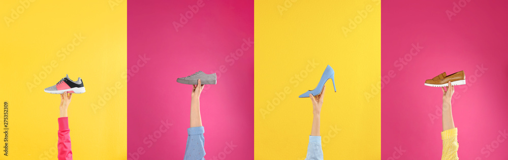Woman holding sportive shoe on yellow background, closeup. Space for text - obrazy, fototapety, plakaty 