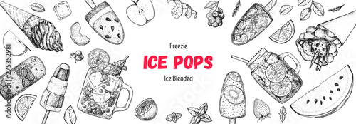 Popsicle ice cream, hand drawn vector illustration. Ice tea and ice cream. Summer food and drink. Sketch illustration for menu design. Ice pops collection.