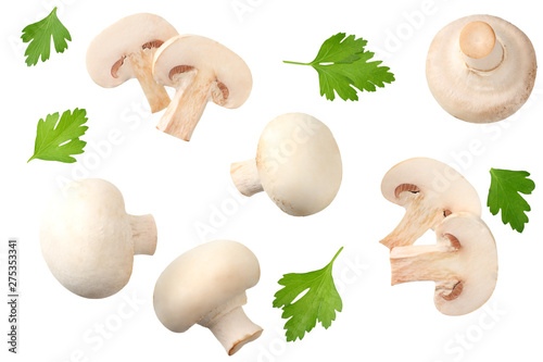 mushrooms with slices and parsley leaf isolated on white background. top view