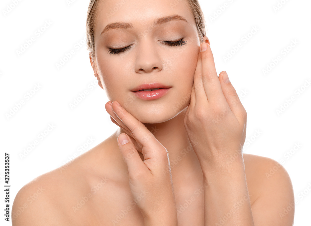 Portrait of young woman with beautiful face on white background, closeup Portrait of young woman with beautiful face on white background, closeup