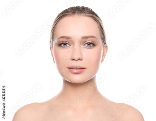 Portrait of young woman with beautiful face on white background