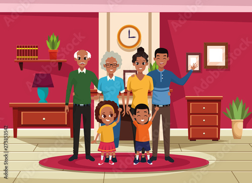 Family grandparents, parents and kids cartoons