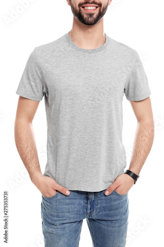 Young man in t-shirt on white background, closeup. Mock up for design