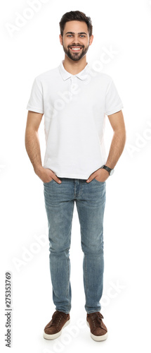 Young man in t-shirt on white background. Mock up for design