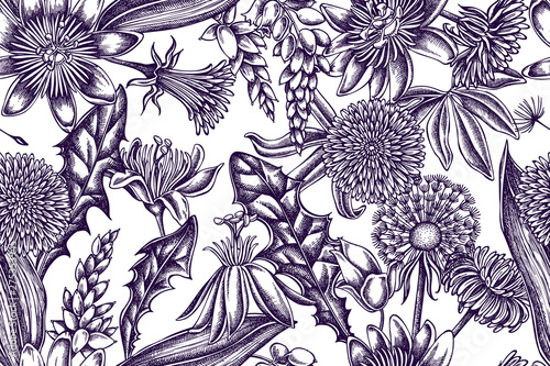 Artistic pattern with dandelion, ginger, passion flower
