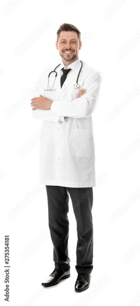 Full length portrait of smiling male doctor isolated on white. Medical staff Full length portrait of smiling male doctor isolated on white. Medical staff