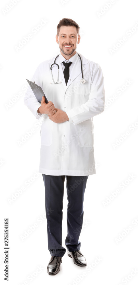 Full length portrait of male doctor with clipboard isolated on white. Medical staff Full length portrait of male doctor with clipboard isolated on white. Medical staff