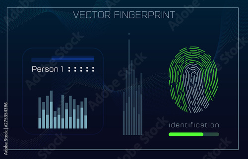 Fingerprint Scanning Identification system in futuristic HUD style. Biometric Interface. Recognition biometric technology and artificial intelligence concept. Scanning fingerprints HUD UI