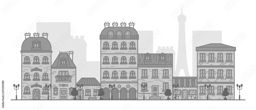 Flat linear panorama of the city landscape with buildings and houses. tourism, travel to Paris Vector illustration