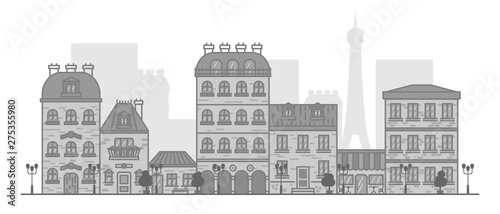 Flat linear panorama of the city landscape with buildings and houses. tourism, travel to Paris Vector illustration
