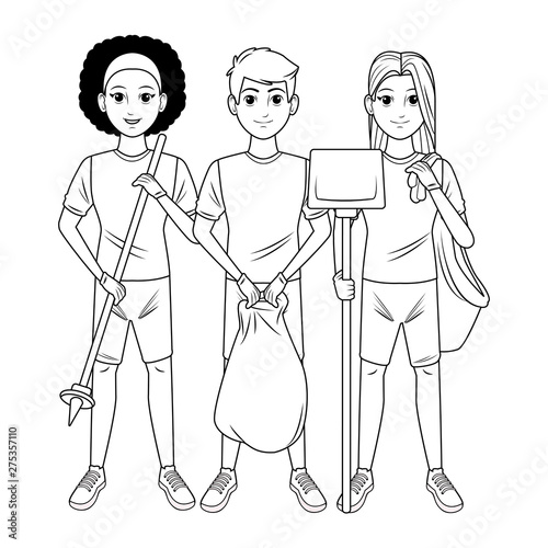 cleaning service person avatar cartoon character in black and white