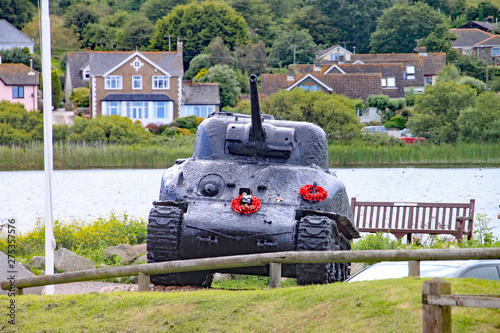 The Sherman tank at Slapton sands in Devon. It was sunk in action during Exercise Tiger which was a rehearsal for the D-Day landings. It now stands as a memorial to those who lost their lives photo