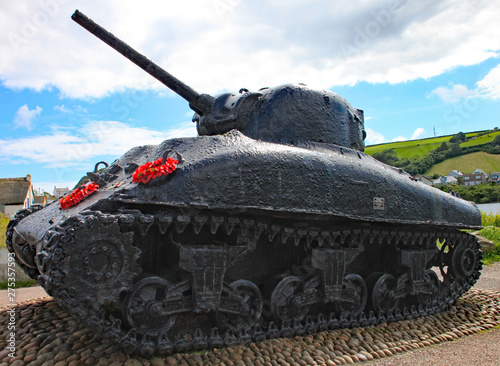 The Sherman tank at Slapton sands in Devon. It was sunk in action during Exercise Tiger which was a rehearsal for the D-Day landings. It now stands as a memorial to those who lost their lives photo