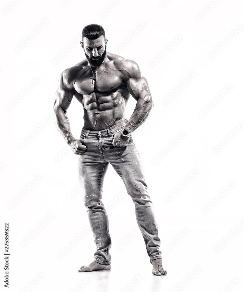 Strong Muscular Shirtless Men in Jeans Posing Strong Muscular Shirtless Men in Jeans Posing