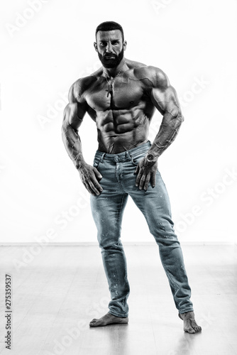 Strong Muscular Shirtless Men in Jeans Posing