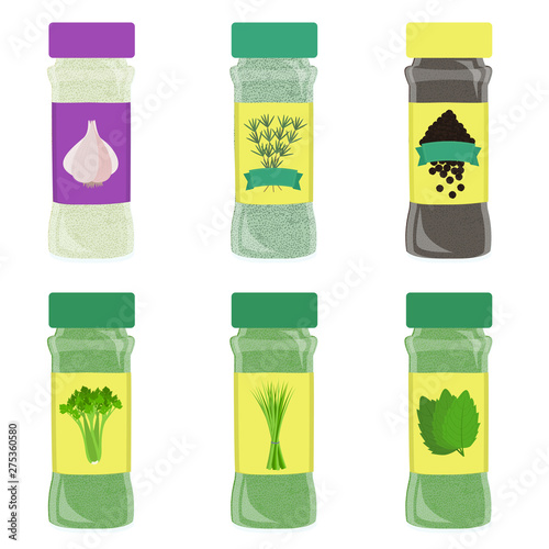 Set of condiment pot. Six seasoning powder: garlic, rosemary, black pepper, parsley, chive, mint. Isolated. White background.