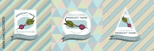 Three colored labels with illustration of beet