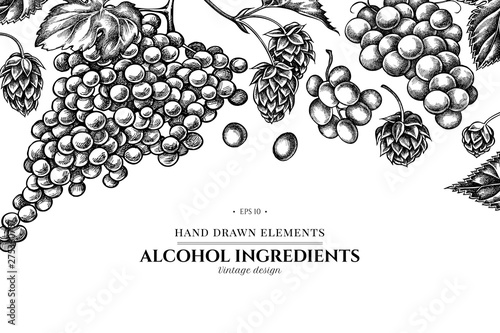 Floral design with black and white grapes, hop