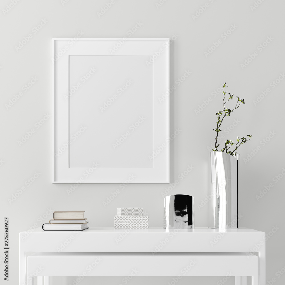 Fototapeta Poster frame mockup with modern decor on empty white wall background, 3D rendering