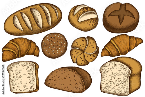 Vector set of hand drawn colored buns and bread, croissants and bread