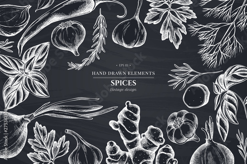Floral design with chalk onion, garlic, pepper, greenery, ginger, basil, rosemary