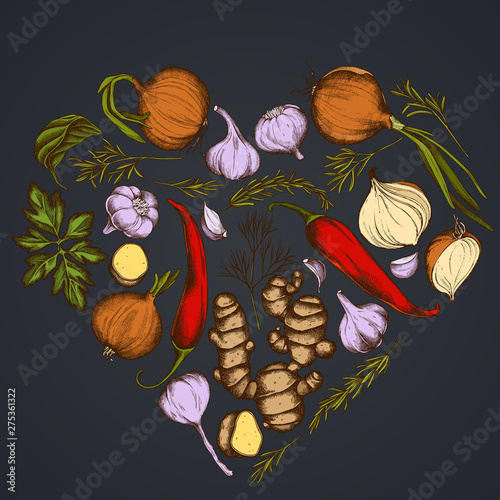 Heart floral design on dark background with onion, garlic, pepper, greenery, ginger, basil, rosemary