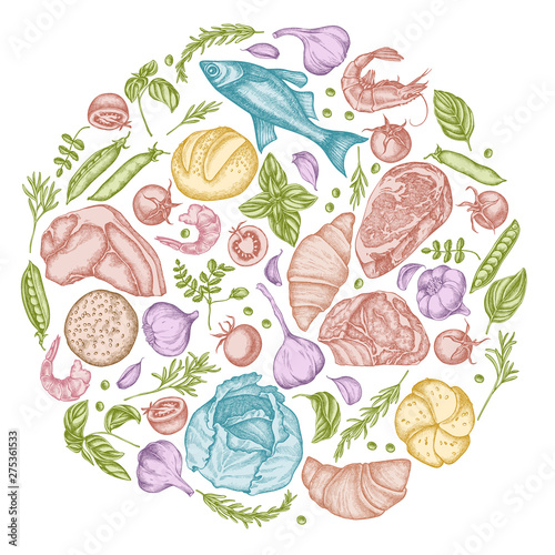 Round floral design with pastel garlic, cherry tomatoes, peas, fish, shrimp, cabbage, beef, buns and bread, croissants and bread, basil, rosemary
