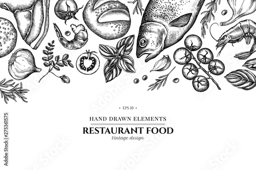 Floral design with black and white garlic, cherry tomatoes, peas, fish, shrimp, cabbage, beef, buns and bread, croissants and bread, basil, rosemary