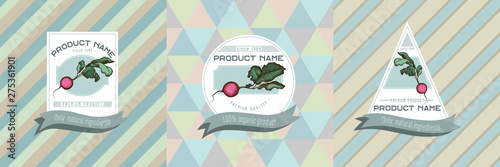 Three colored labels with illustration of radish photo