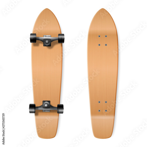 Skateboarding. Vector Realistic 3d Render Blank Brown Wooden Skateboard Icon Set Closeup Isolated on White Background. Design Template of Skate Board Showing the Top and Bottom for Mockup. Top view