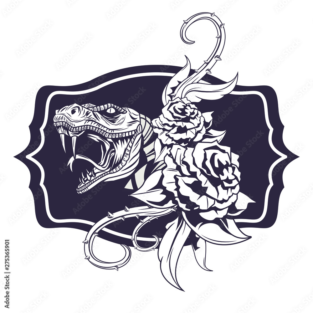 Fototapeta snake and roses drawn tattoo icon