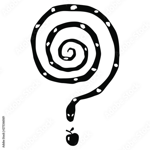 Snake as a maze and an apple forming a question mark. Philosophical Biblical metaphor for knowledge. Black and white silhouette.
