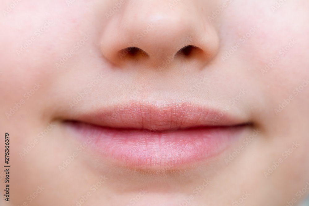 Part of face,young woman close up. Plump lips without makeup Part of face,young woman close up. Plump lips without makeup