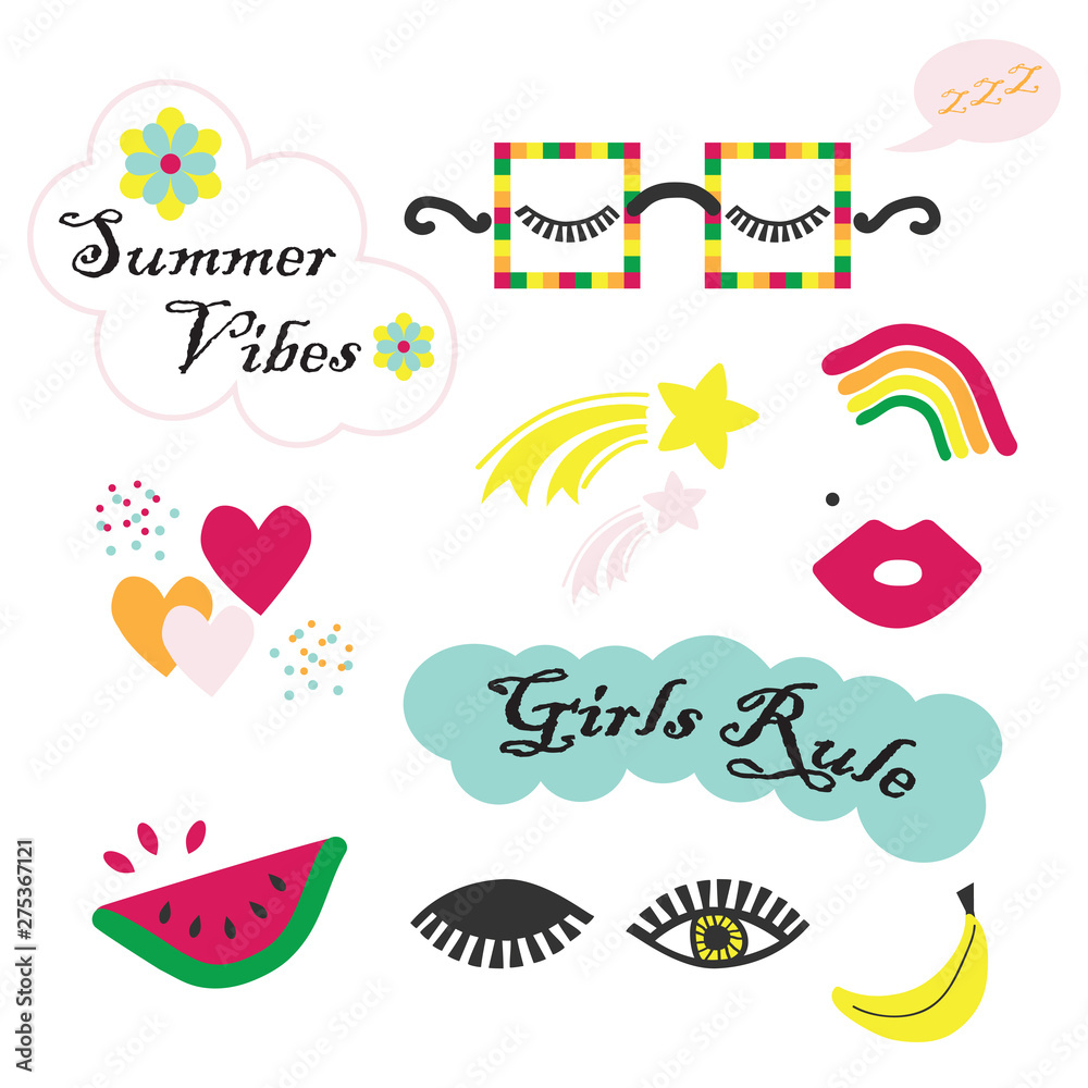 Colorful Summer Vibes funky and fun feminine icons set on white background Colorful Summer Vibes funky and fun feminine icons set on white background