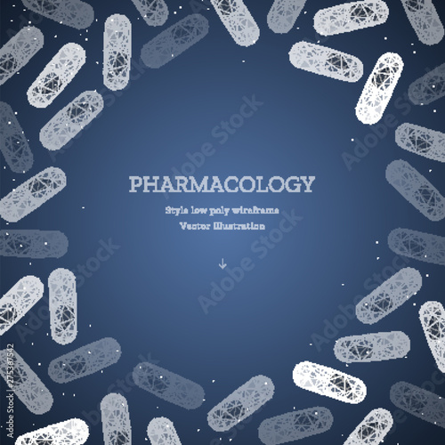 Medication or pill or capsule. Low poly wireframe style. Background for pharmacology. Abstract illustration isolated on blue background. Particles are connected in a geometric silhouette