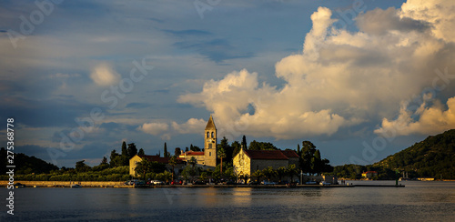 View of a harbor island town in the Croatian Islands. 