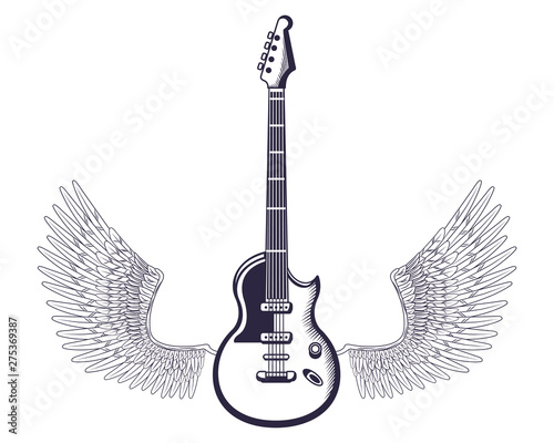 electric guitar with wings drawn tattoo icon