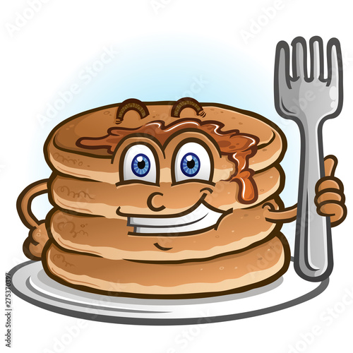 A cheerful pile of pancakes and flapjacks holding a cartoon character holding a fork