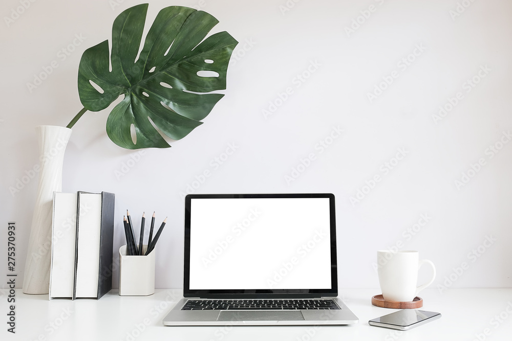 Workspace desk and laptop. copy space and blank screen. Business image, Blank screen laptop and supplies. Workspace desk and laptop. copy space and blank screen. Business image, Blank screen laptop and supplies.