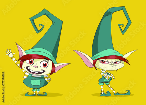 2 Modern cartoon elves, santa claus helpers