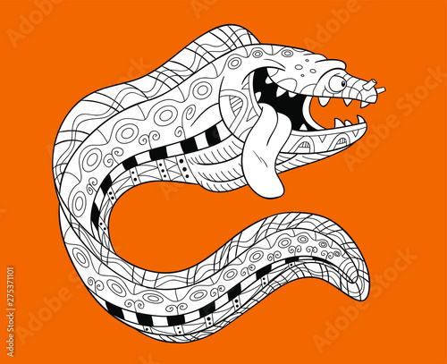 Black and white cartoon moray eel for coloring with separate texture and separate background